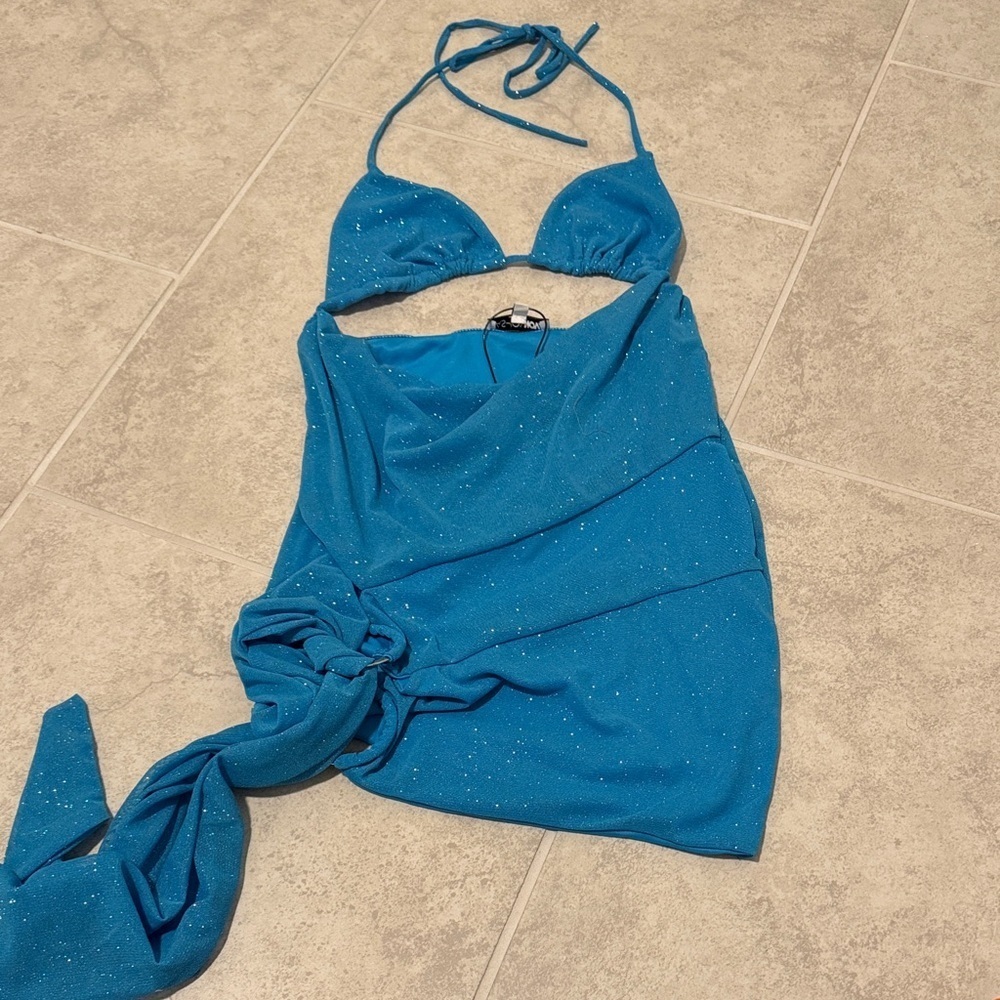 Fashion Nova Aqua Glitter Mesh Mini Dress
